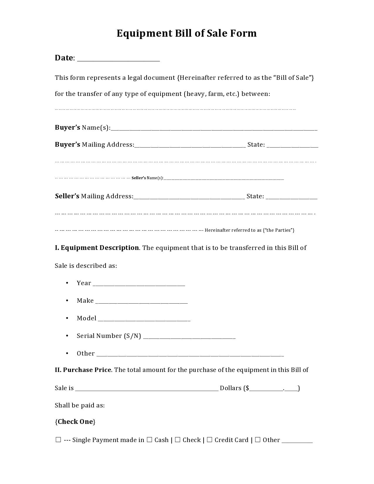 fillable equipment bill of sale fillable equipment bill of sale