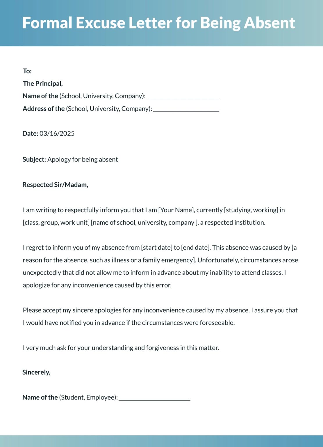 formal excuse letter template word formal excuse letter template word