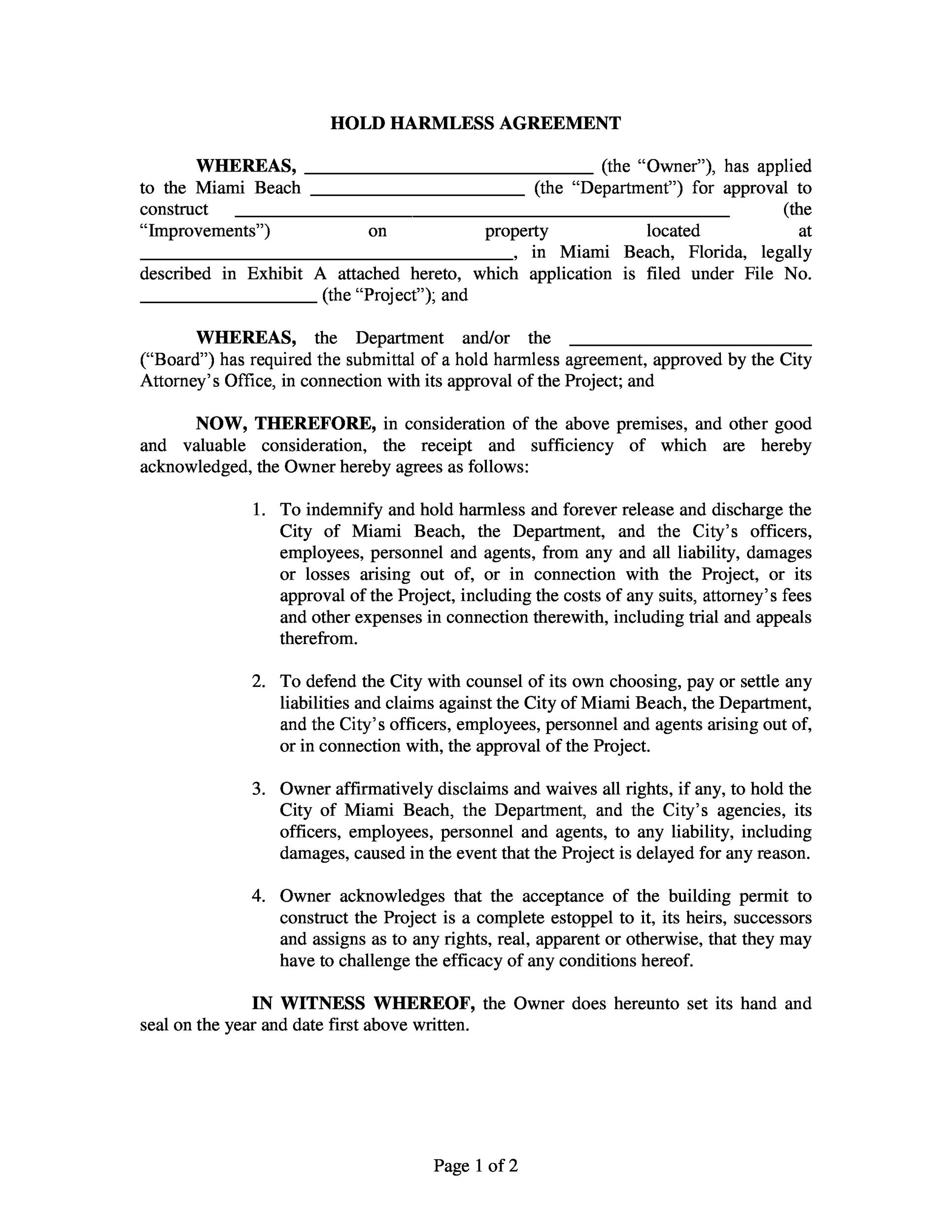 free hold harmless agreement template