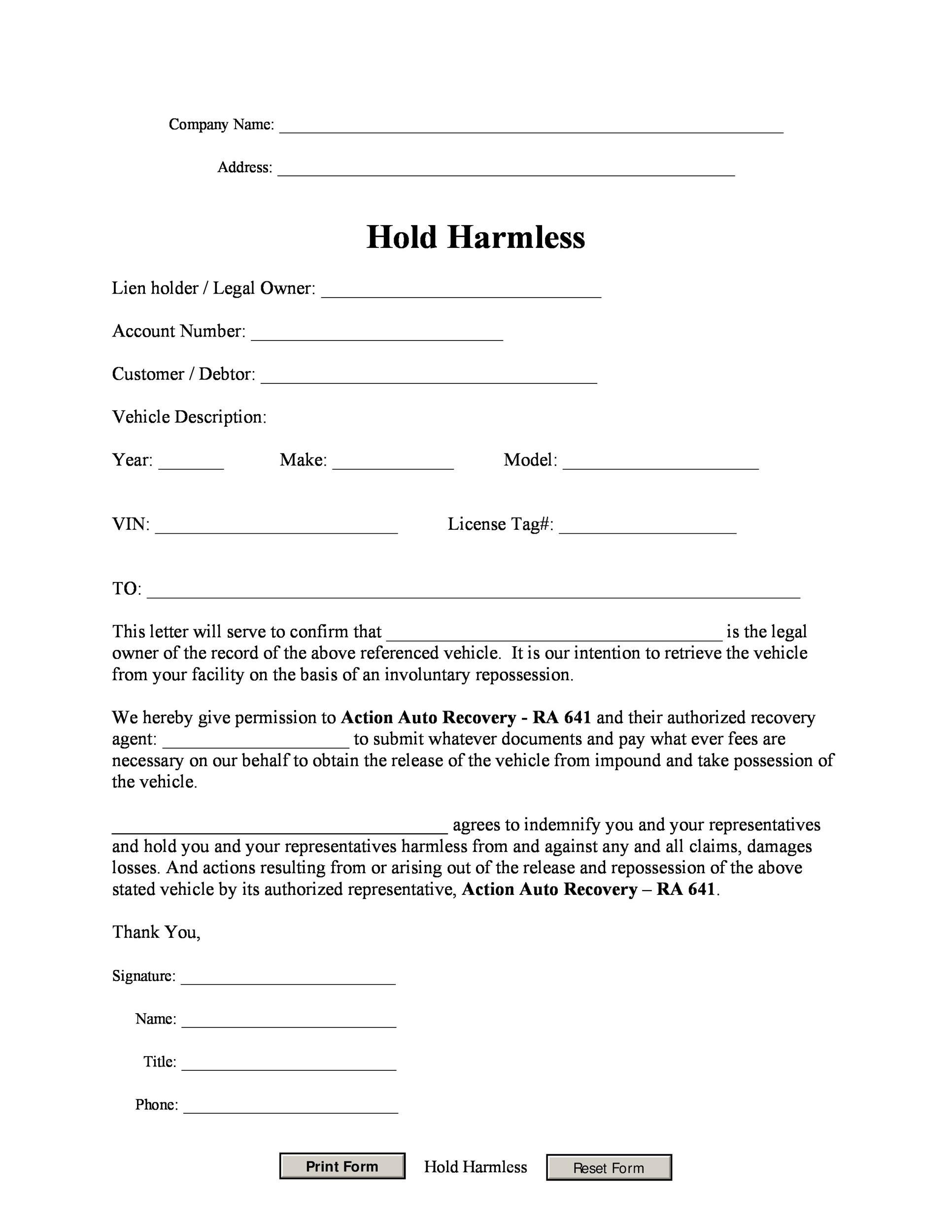 hold harmless agreement sample letter