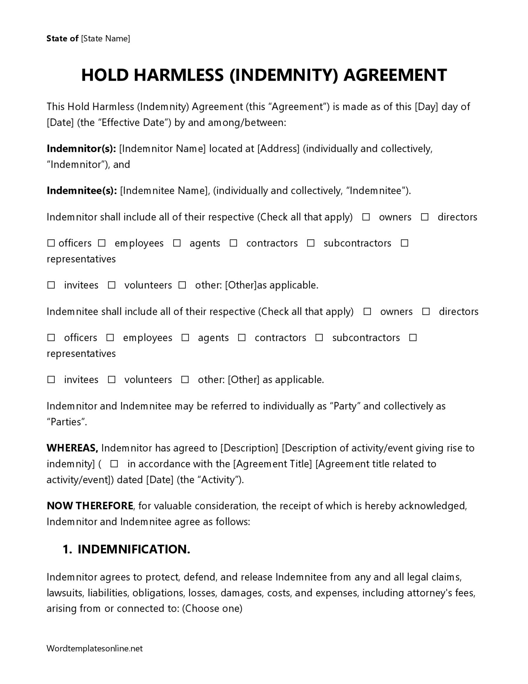 hold harmless agreement template word