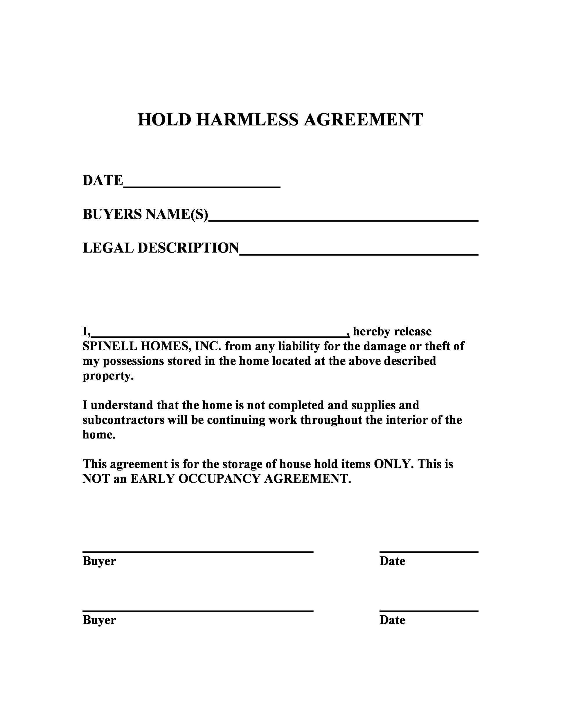 hold harmless form free printable