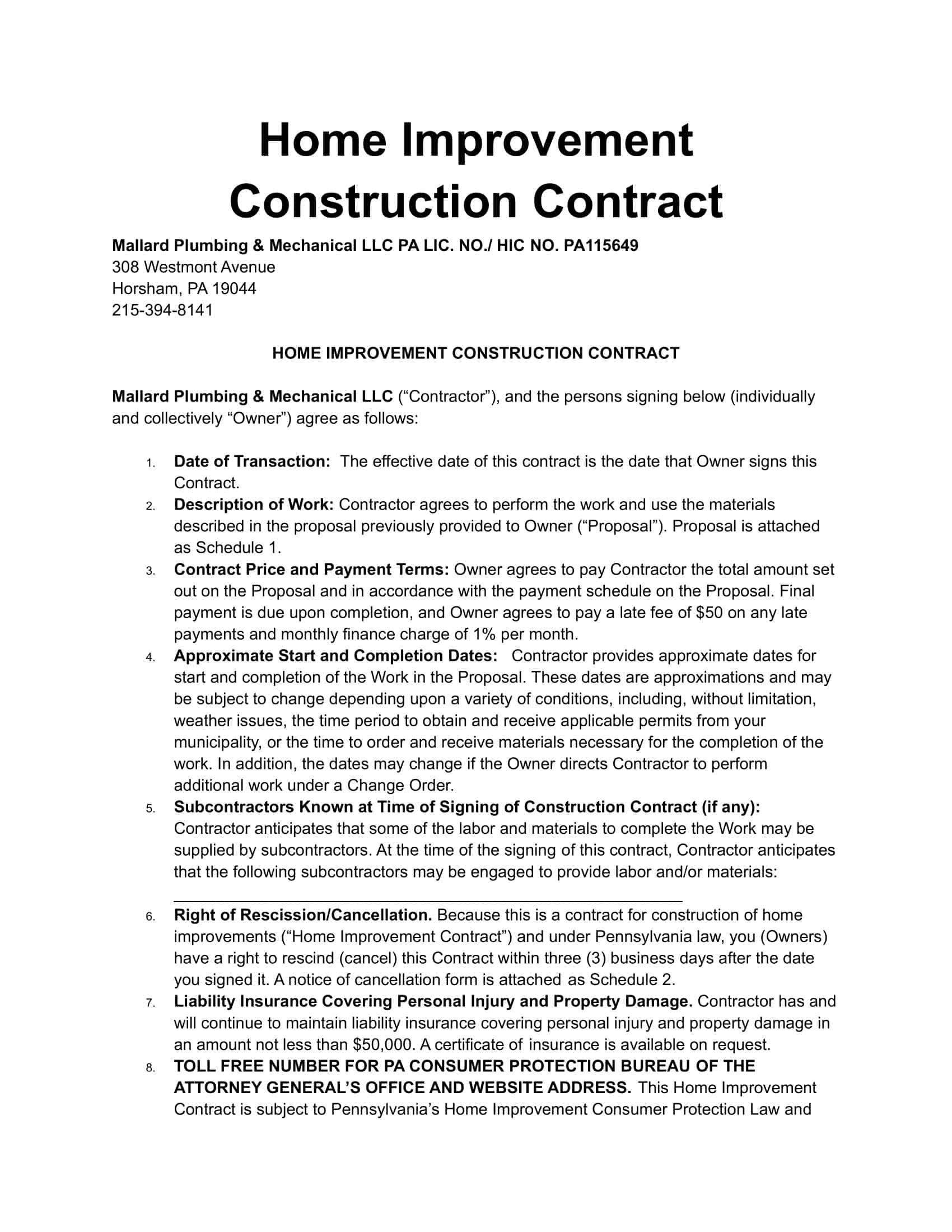 home improvement contract template california