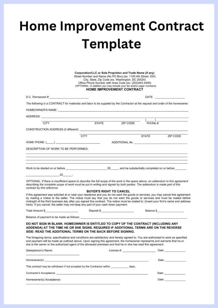 home improvement contract template pdf