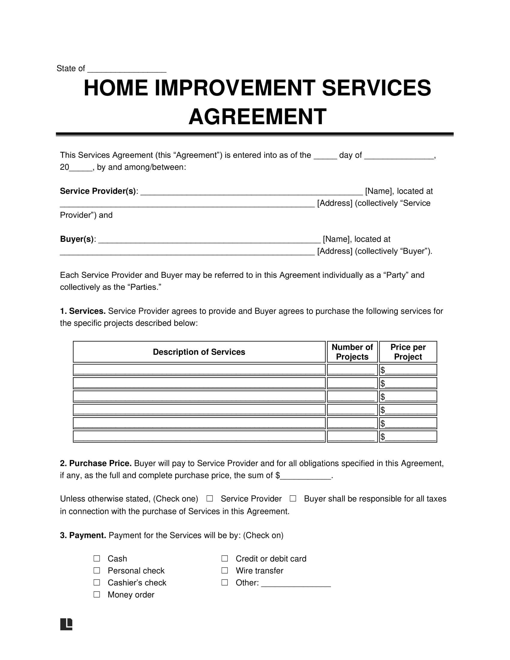 home improvement contract template word