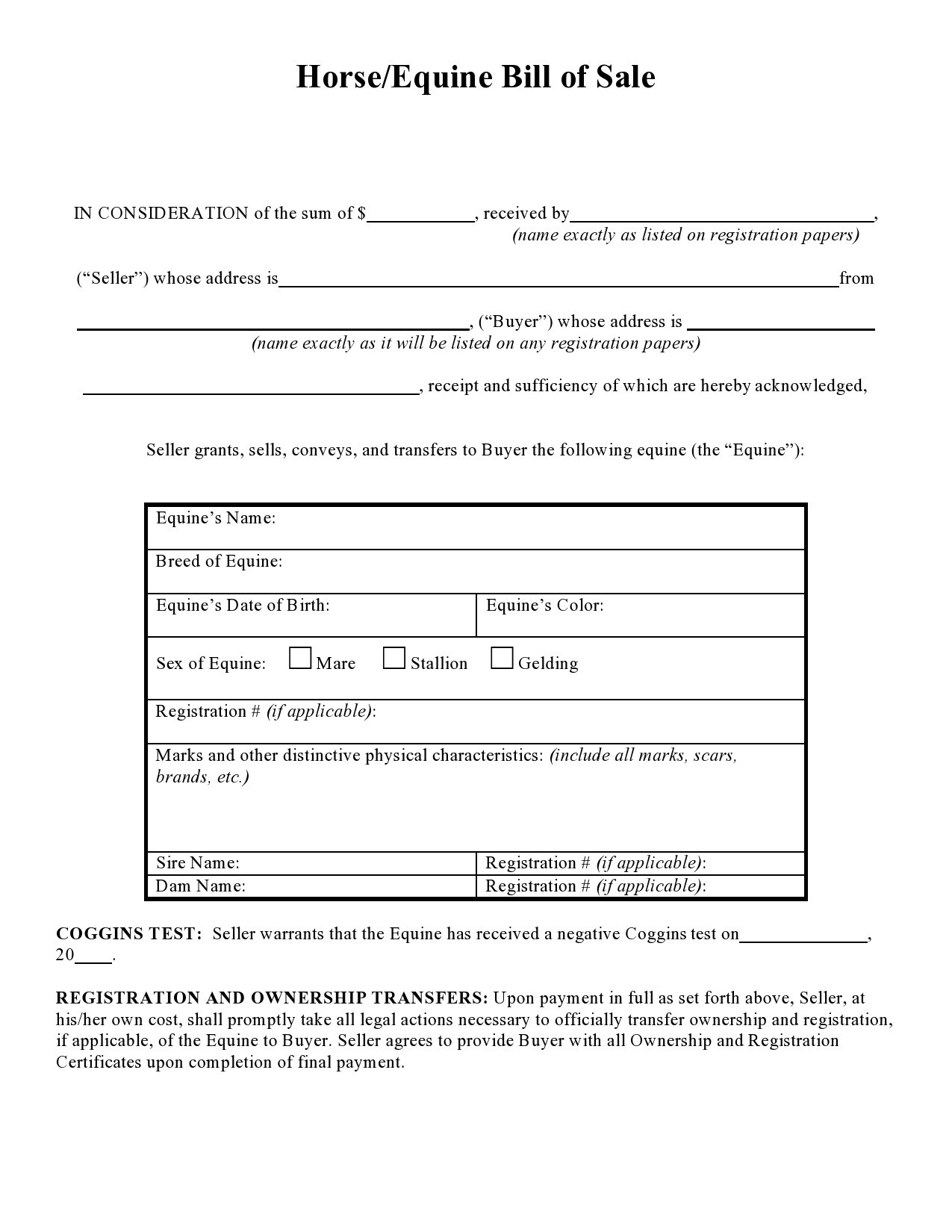 horse sale contract template
