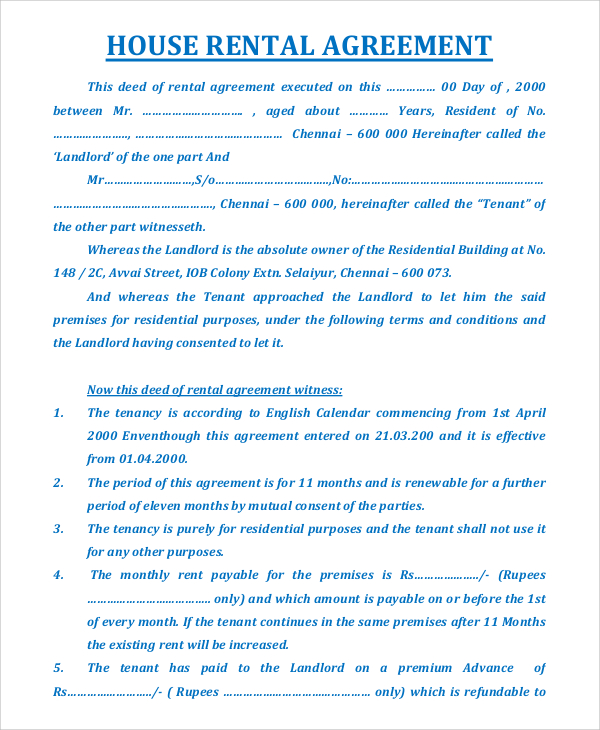 house rent agreement template word