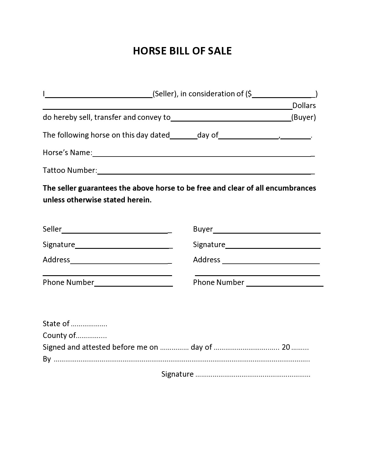 purchase agreement for horse