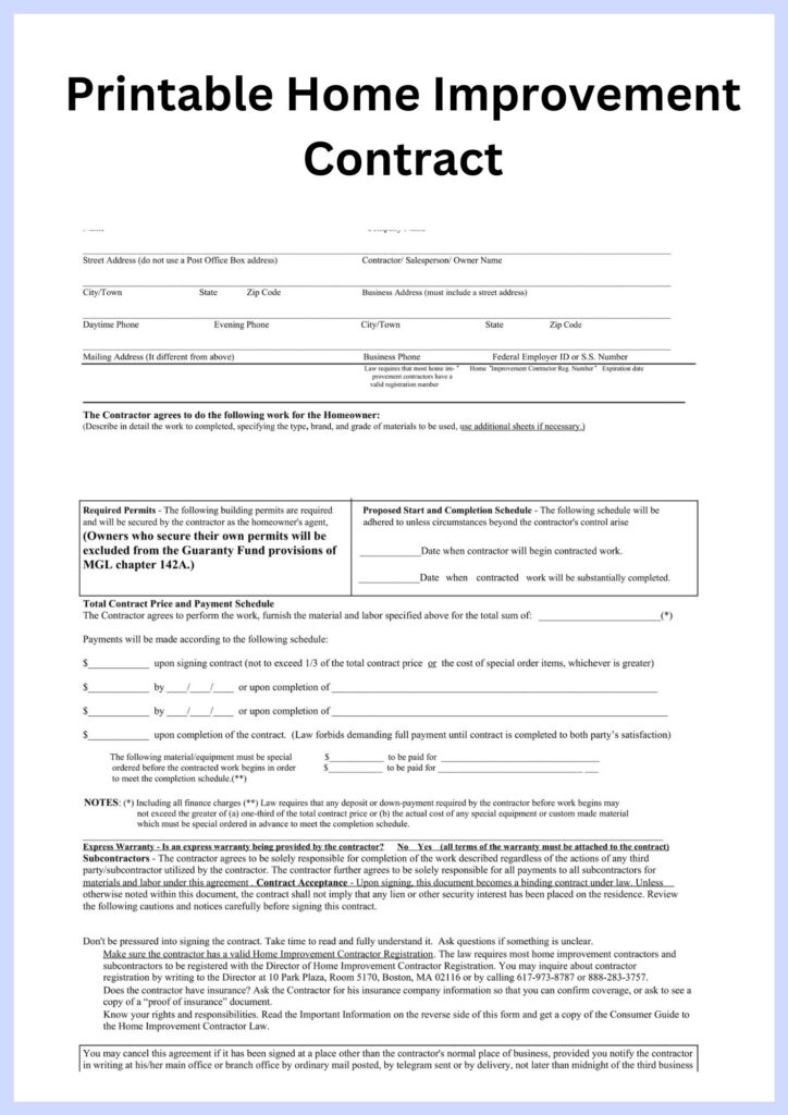 remodeling contract template free printable