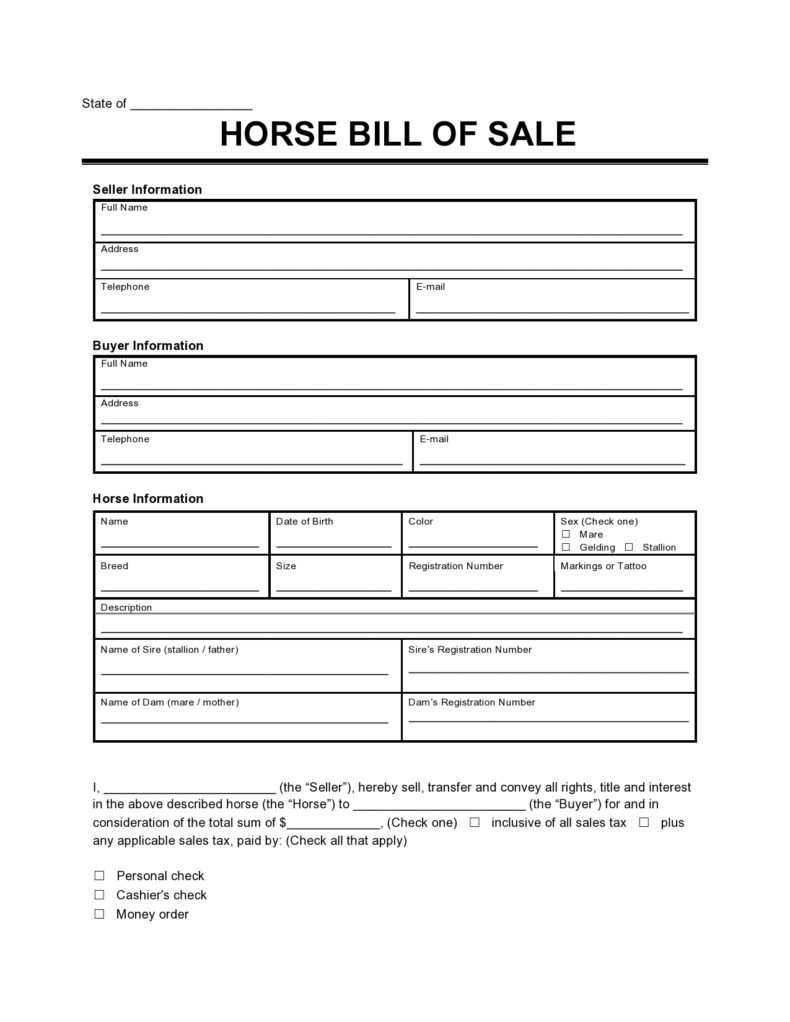 simple bill of sale horse