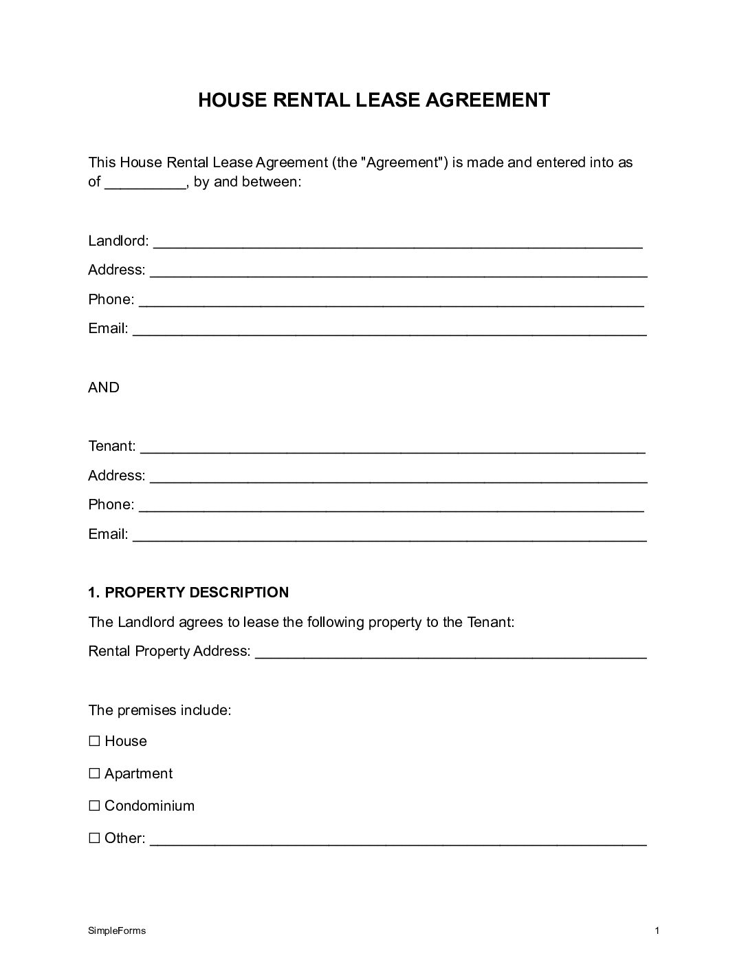 simple house rent agreement template