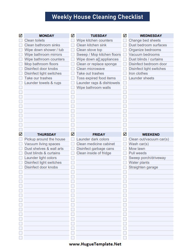 simple weekly cleaning chart template